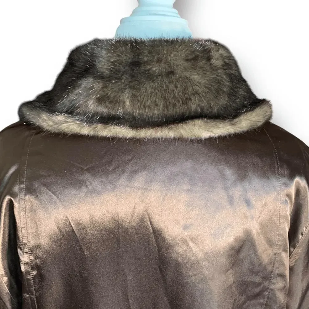 Vintage Reversible Brown Faux Fur Coat Satin Lining‎ Button Front Large Winter